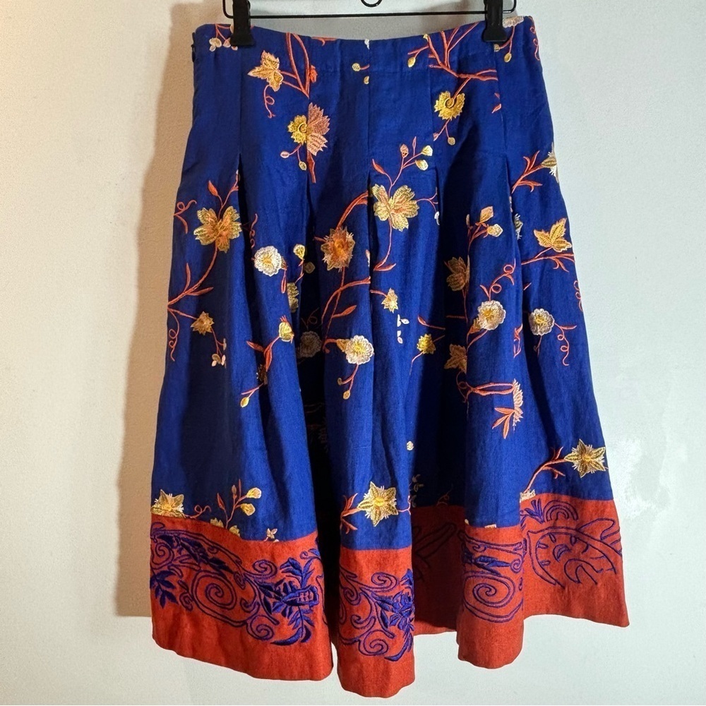 SISSY ME Sz M Skirt 100% Linen Embroidered Pleats Zipper Closure Lined Midi NEW